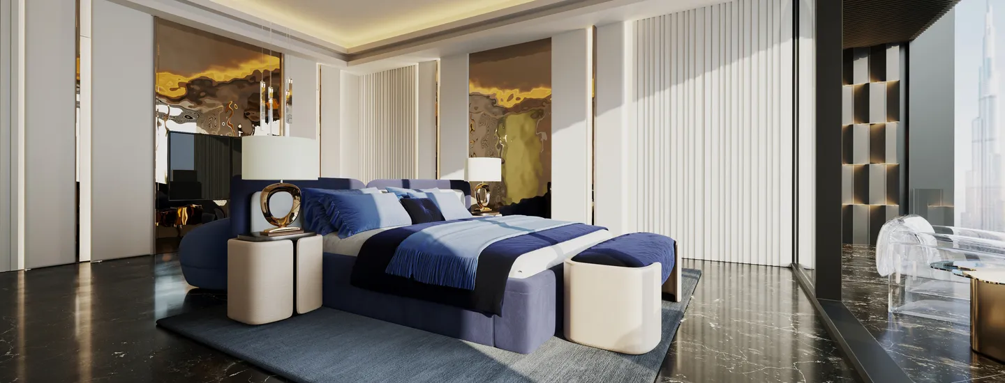CGI Image of a luxury bedroom in Burj Binghati.
